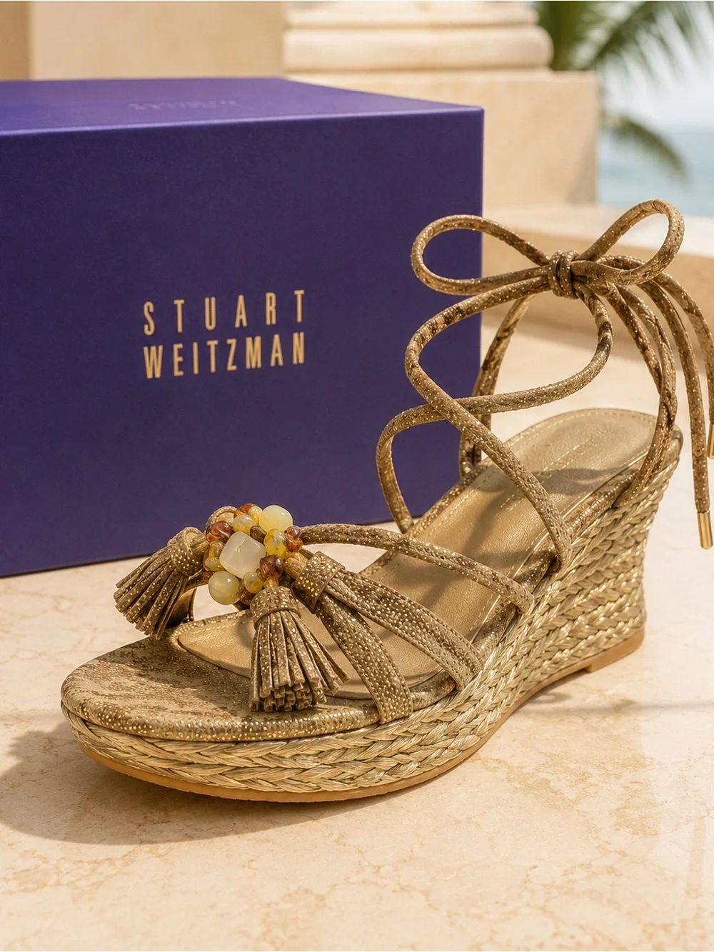 Stuart Weitzman Panache Gold Raffia Wedge Sandals Size 8 - Picture 3 of 10